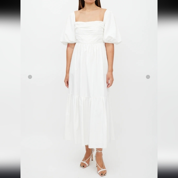 NWT Self Portrait White Taffeta Puff Sleeve Midi Dress Size 4